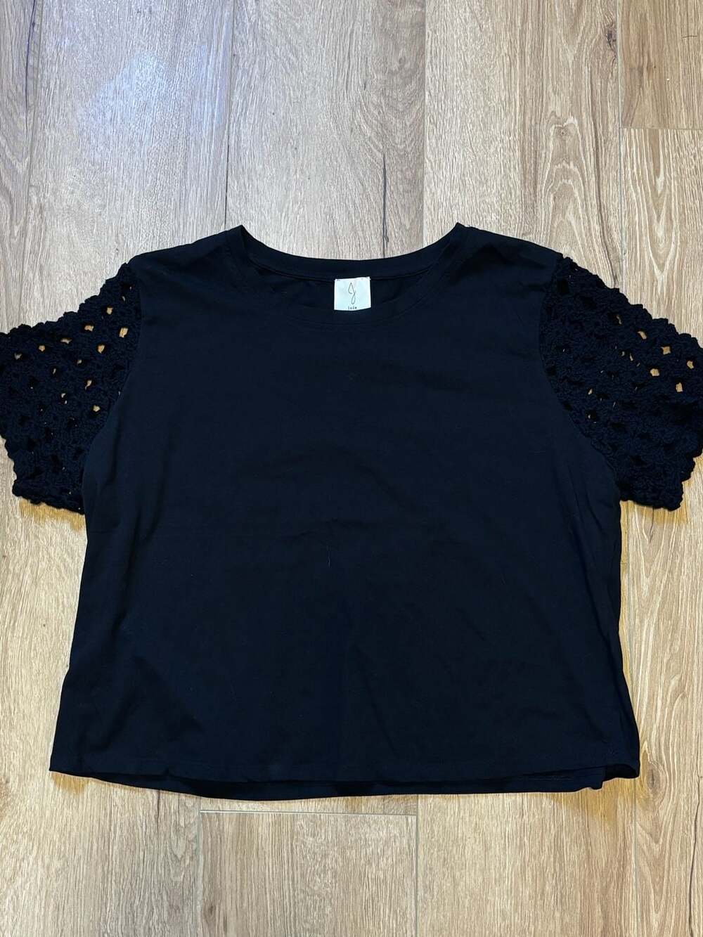 Joie Crochet Short Sleeve Top Size XL Black Cotton Crew Neck